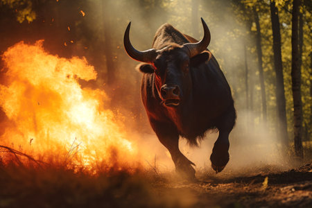 A strong forest fire, a bull in a panic runs away from the flamesの素材