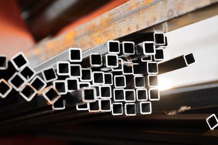 Square tubing on blurred background in cold warehouseの写真素材