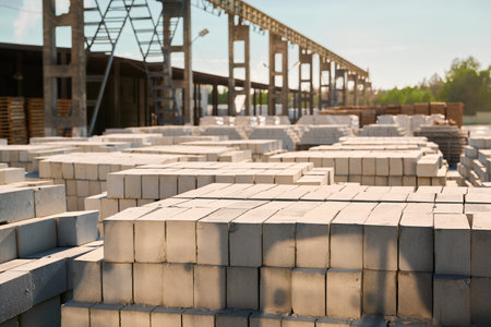 Factory warehouse of finished silica bricks put in long rowsの写真素材