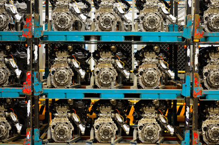 Car internal combustion engines stand on racks in warehouseの写真素材