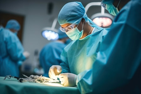 A group of surgeons performing surgery in an operating roomの素材