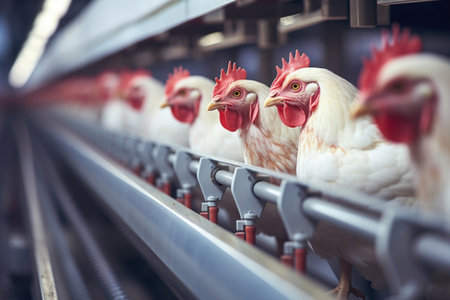 long big poultry house chickens sit in rowsの素材