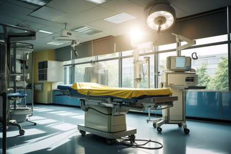 A hospital room with a bed and medical equipmentの素材
