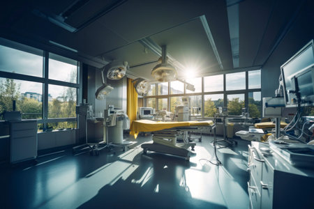 A hospital room with a bed and medical equipmentの素材