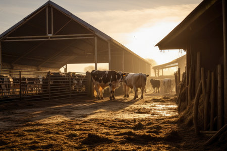 cowshed, cows are standing inside, the cowshed is illuminated by the morning sun, a lot of clean hayの素材