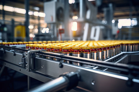 brewery, beer cans on the conveyor, pure production of alcoholic beveragesの素材