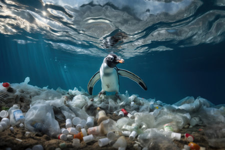 The penguin swims among the garbage floating in the water, plastic bags, cans, plastic bottles lie on the seabedの素材