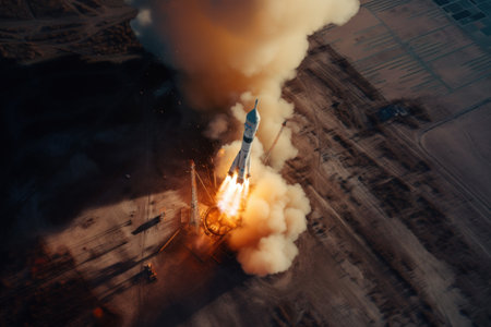 launch Soyuz space launch vehicle from the Baikonur cosmodrome, Kazakhstan. Soviet Space Programの素材