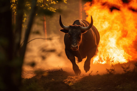 A strong forest fire, a bull in a panic runs away from the flamesの素材
