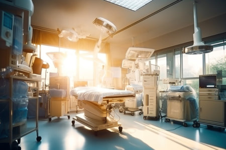 A hospital room with a bed and medical equipmentの素材