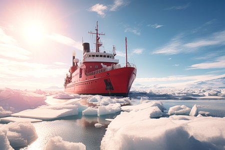 ship sails through the ice of the Arctic Ocean, northern lights, view from the water levelの素材