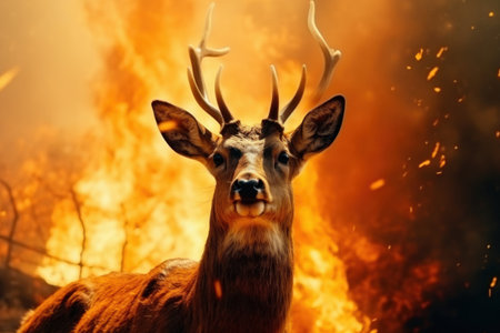A strong forest fire, a forest deer in a panic runs away from the flamesの素材
