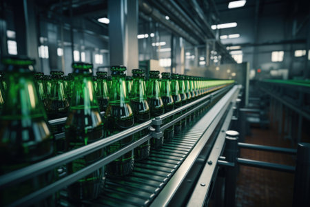 beer factory green glass bottles on conveyorの素材