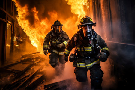 Two fire fighters are walking through a fireの素材