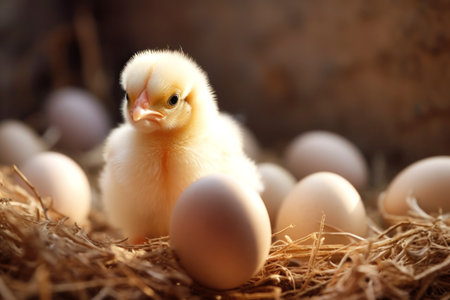 A tiny yellow chicken is standing on a straw, chicken eggs are scattered aroundの素材