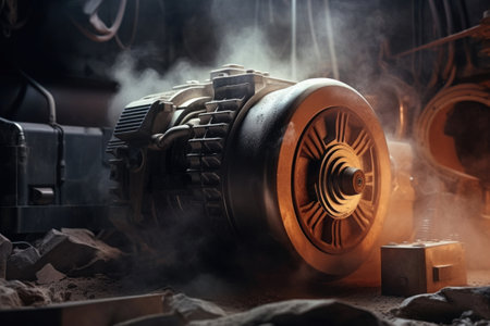 working electric motor, factory, dirty dusty motor, the motor is very hot there is smokeの素材