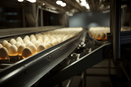 poultry farm production of chicken eggs, eggs move along the conveyor for sorting and packagingの素材