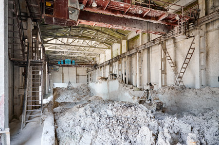 Loaded factory warehouse with chalk mined from open quarryの写真素材