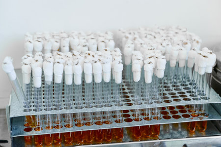 Test tubes with bacteriological cultures installed in tripodの写真素材