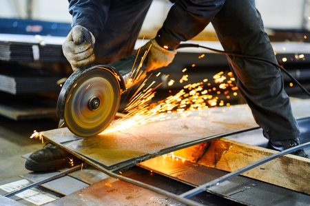 Worker cuts metal with abrasive disk in plant workshop