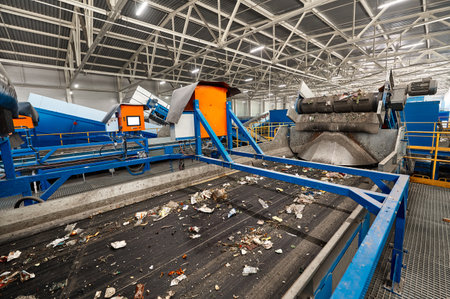 Wide belt conveyor with moving debris. Waste sorting plant.の写真素材