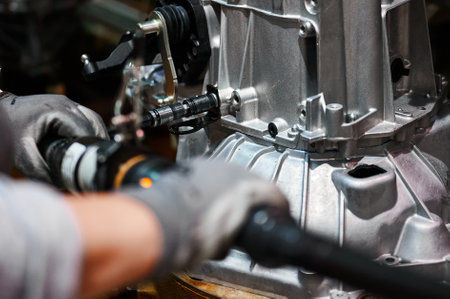 Worker connects car engine gearbox details on shop conveyor