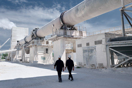 Workers walk past rotating furnace for limestone roastingの写真素材