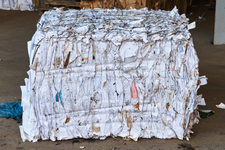 Pressed recycling paper on floor at waste processing plantの写真素材
