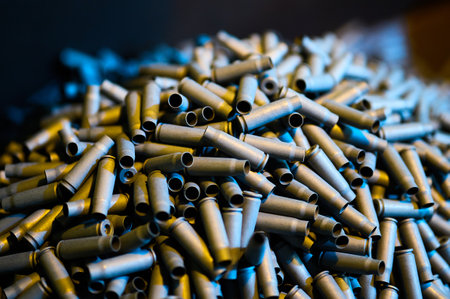Bullet casings pile in weapon production plant storage