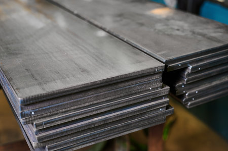 Long metal plates prepared for processing in workshopの写真素材