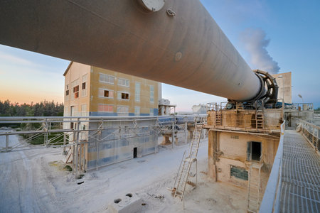 Tubular rotary furnace for limestone roasting in eveningの写真素材