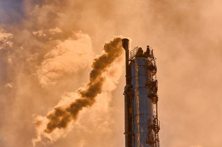 Distillation column at a chemical plant emits steam under a cloudy sky during the late afternoon in an industrial settingの写真素材