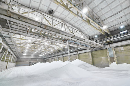 Inside a modern chemical warehouse featuring conveyor systems and stored materials in an industrial...