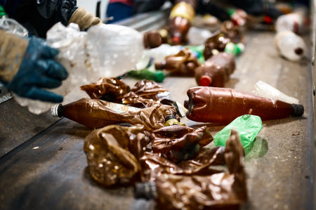 Worker sorts trash on conveyor belt at waste recycling plantの写真素材