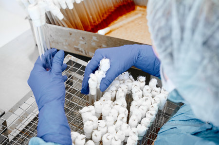 Scientist works with test tubes containing bacterial cultureの写真素材