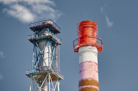 Chemical plant distillation column towers under blue sky with scattered clouds during daylight hoursの写真素材
