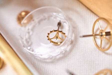 Intricate clockwork components showcasing precision and craftsmanship in a serene workshop setting...