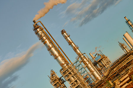 View of a chemical plant featuring a distillation column and emissions during the day, showcasing...