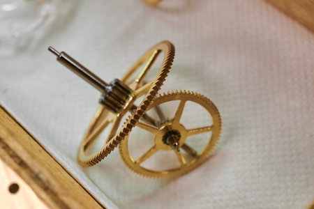 Intricate golden cogwheel standing isolated on soft background captures the essence of clockwork...