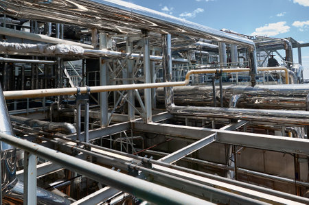 Complex network of pipelines in a chemical plant showcasing industrial processes under a clear blue...