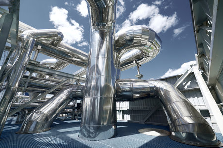 Pipelines and metal structures at a chemical plant under a clear blue sky during daylightの写真素材