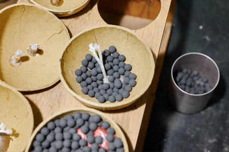 Intricate preparation of factory fireworks showcasing skill and craftsmanship in a colorful...