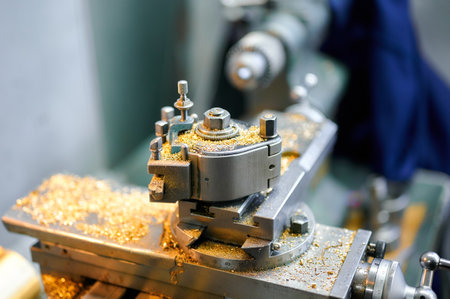 Precision engineering in action with a small-sized lathe crafting intricate metal parts in a...