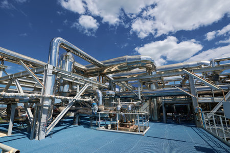 Pipelines and machinery in a chemical plant under a bright blue sky with scattered clouds during...