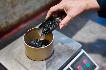 Weighing black seeds in a factory setting for high-rise fireworks productionの写真素材