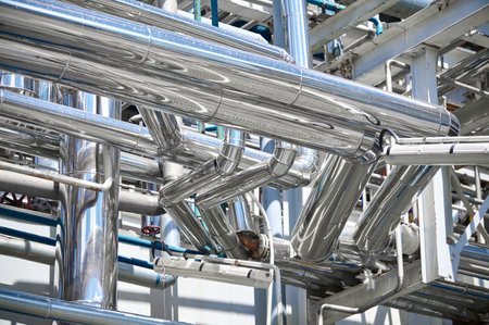 Pipelines and infrastructure within a chemical plant showcasing industrial design and engineering...
