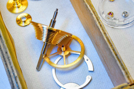 Intricate clockwork components meticulously arranged, showcasing the artistry of gear mechanics and...