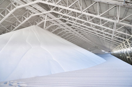 Large white salt pile stored in a chemical plant warehouse with extensive conveyor systems operating for efficient material transportの写真素材