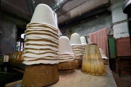 Layers of felt hats awaiting craftsmanship in a vintage workshop, where artistry meets tradition in...