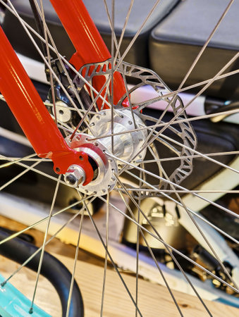 Exploring the intricate details of a bicycles front wheel and brake system captured in a cozy...